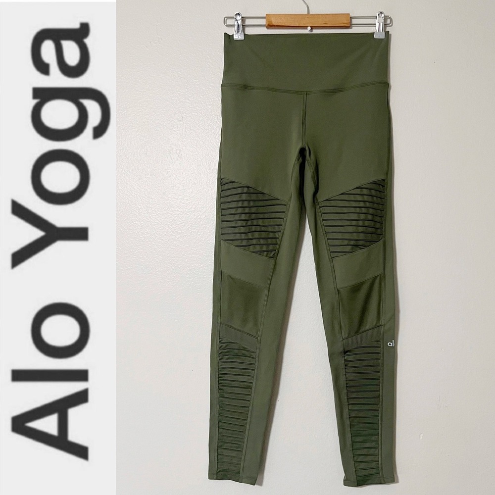 Alo Yoga High Waist Moto Leggings Olive Green Mesh Pintuck Activewear‎ W5494R